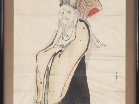 Japon, encre noire sur papier représentant Jurojin. Signée en bas à dr