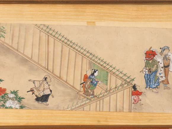 Japon, "scène de village". encre et couleurs sur papier. Dim. 17 x 51,