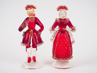Vente aux enchères Paire de sujets en en verre soufflé polychrome de Murano, "couple d'él