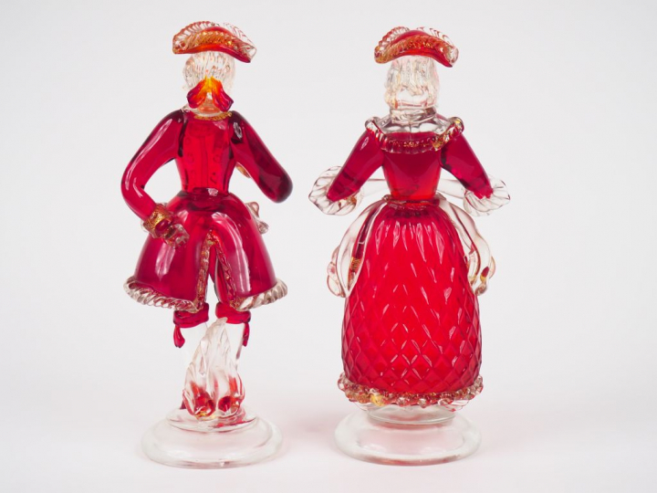 Paire de sujets en en verre soufflé polychrome de Murano, "couple d'él