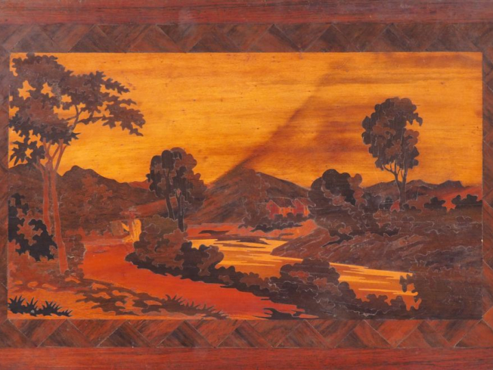 Tableau Art Déco en marqueterie de bois exotiques à décor de paysage l