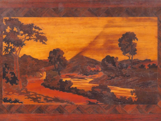 Vente aux enchères Tableau Art Déco en marqueterie de bois exotiques à décor de paysage l