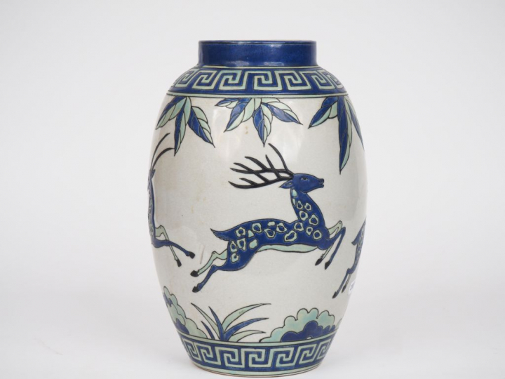 KERALOUVE Lalouvière.  Vase de style Art Déco en céramique polychrome 