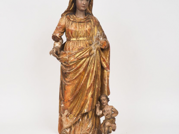 Ecole française XVIIIe. "Vierge à l'enfant". Sculpture en bois polychr