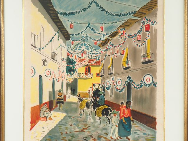 Yves BRAYER. "Village animé au Mexique" Lithographie signée en bas à d