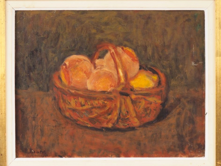 Pierre BRUNE. "Panier de fruits". Huile sur toile marouflée sur pannea