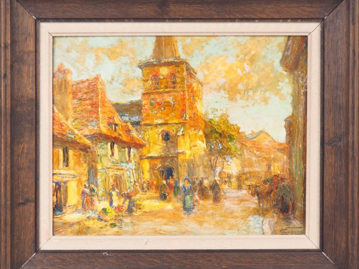 Victor Louis CUGUEN. "Jour de marché à Hérisson dans l'Allier" Huile s