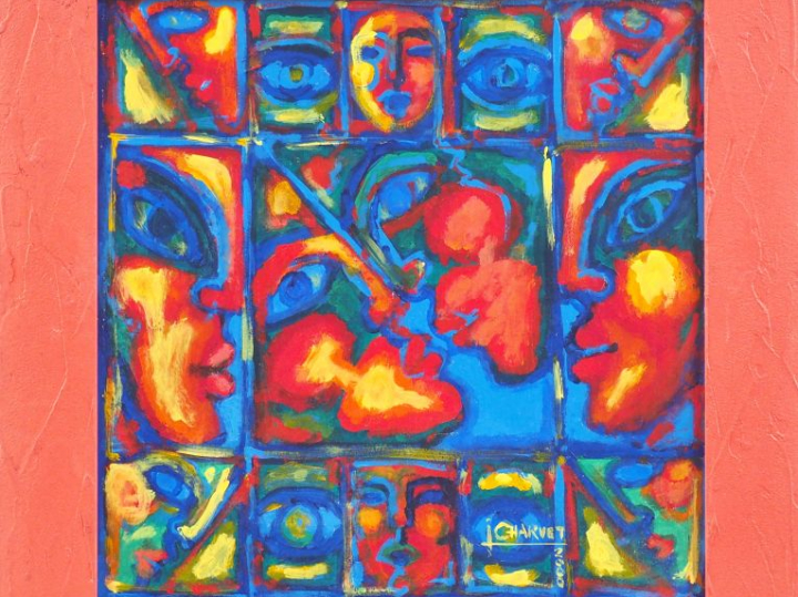 CHARVET. "Le baiser". Huile sur isorel, signée et datée 2000 en bas à 