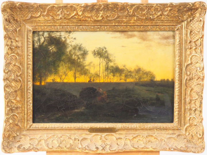 Antoine CHINTREUIL. (Attribué à). "Enfants au bord de la rivière".  Hu