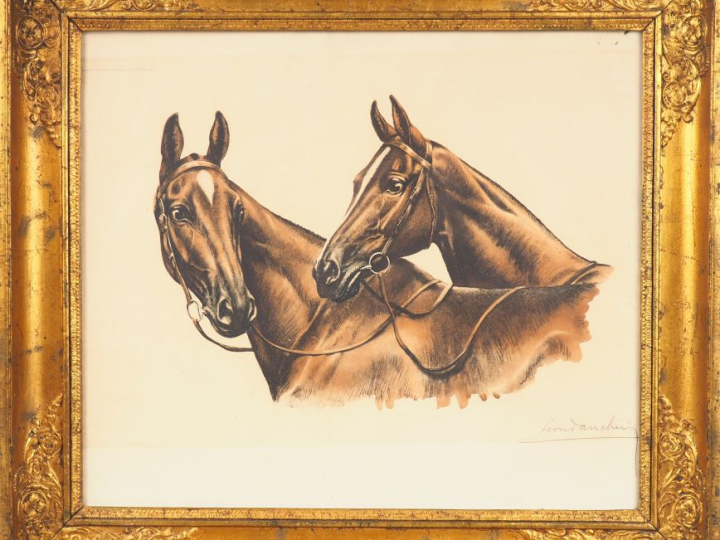 Léon DANCHIN. "chevaux". Lithographie, signée en bas à droite. Dim. 43