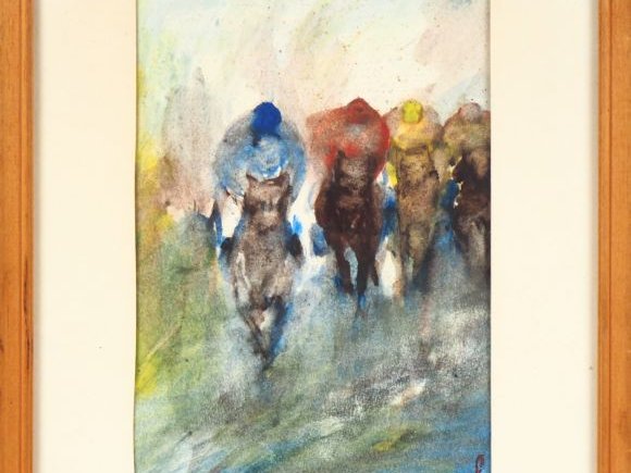 Pierre DAURE. "Le tiercé". Aquarelle monogramée en bas à droite et tit