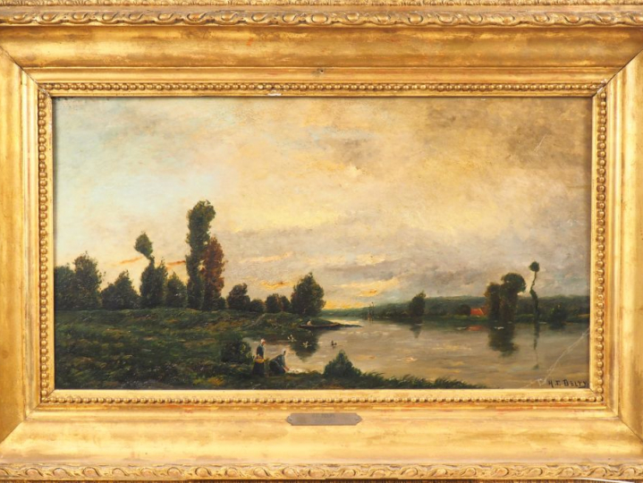 Hippolyte Camille DELPY. "Paysage aux lavandières". Huile sur panneau,