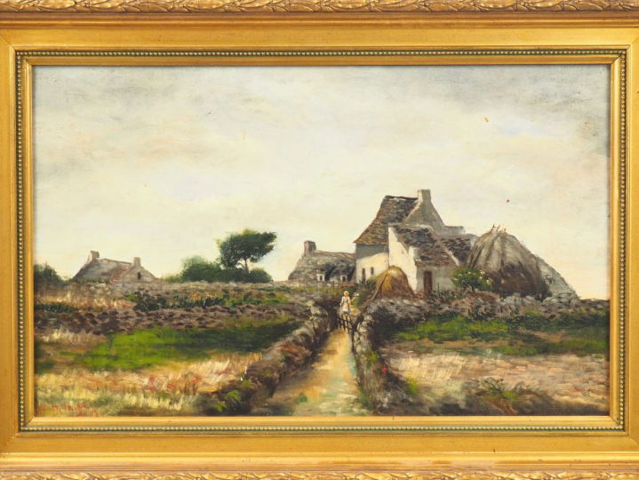 Marguerite DETROYE. "Paysanne devant sa chaumière". Huile sur toile, s