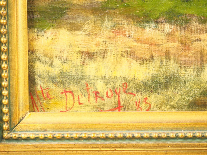 Marguerite DETROYE. "Paysanne devant sa chaumière". Huile sur toile, s