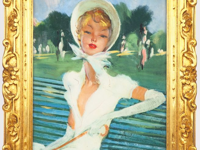 Jean Gabriel DOMERGUE (1889-1962). "La Garden Party" Huile sur carton.