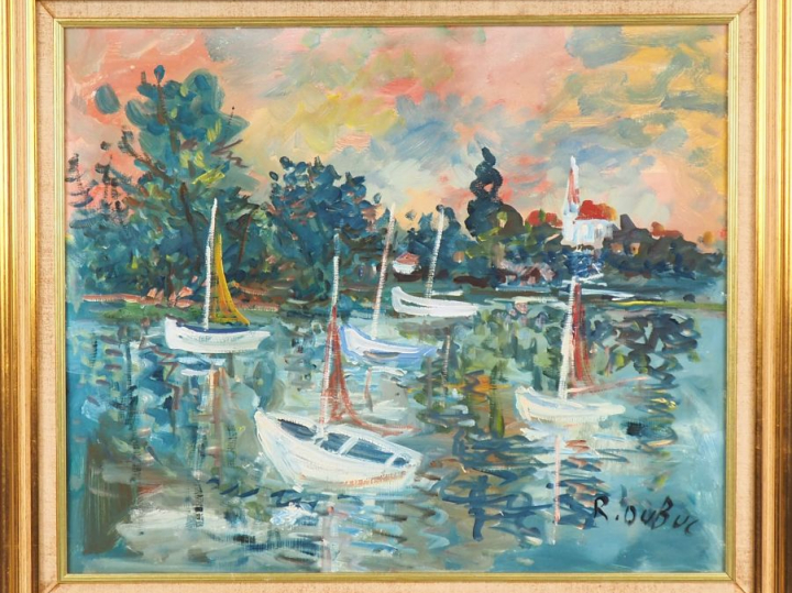 Roland DUBUC. "Bord de Seine". Gouache et huile vernie sur isorel sign