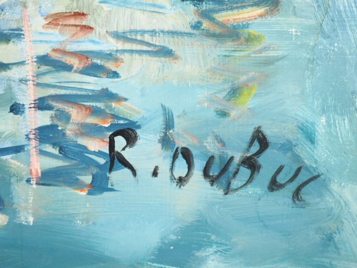 Roland DUBUC. "Bord de Seine". Gouache et huile vernie sur isorel sign