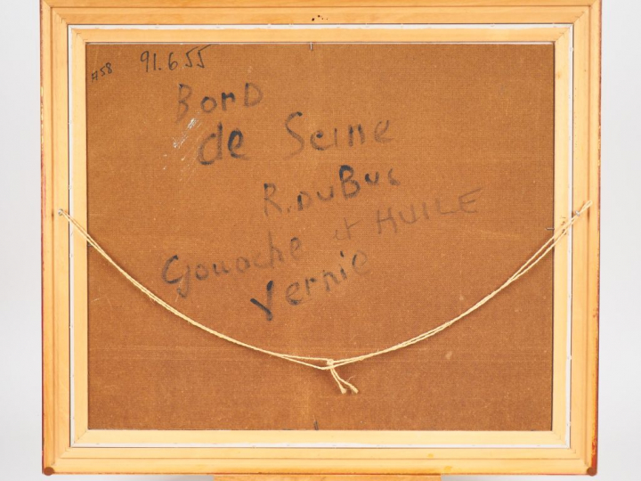 Roland DUBUC. "Bord de Seine". Gouache et huile vernie sur isorel sign