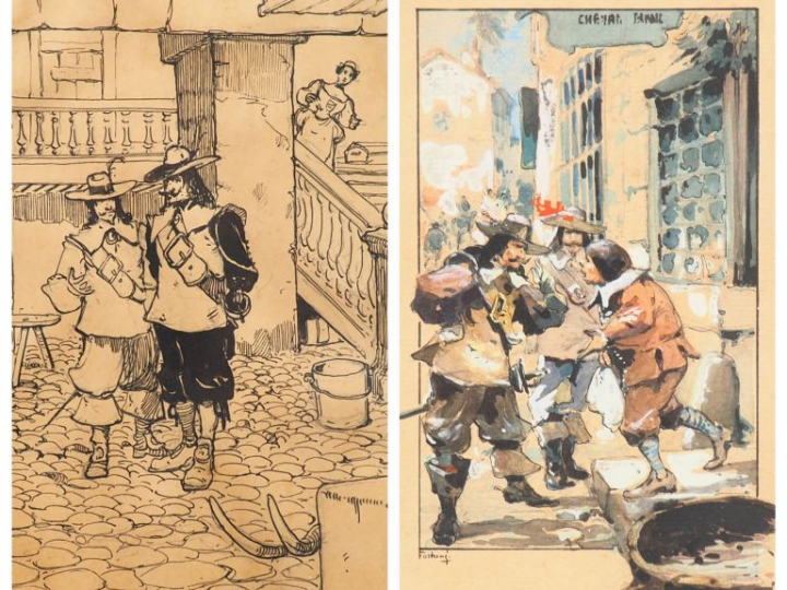 Mariano FORTUNY. "Mousquetaires". 2 dessins : encre et aquarelle signé