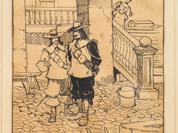 Mariano FORTUNY. "Mousquetaires". 2 dessins : encre et aquarelle signé