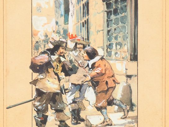 Mariano FORTUNY. "Mousquetaires". 2 dessins : encre et aquarelle signé
