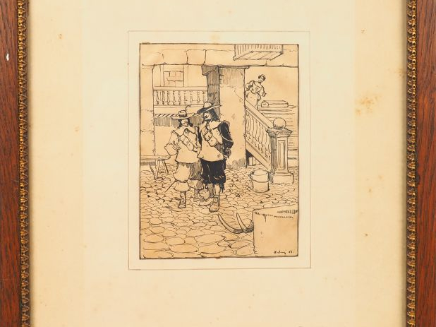 Mariano FORTUNY. "Mousquetaires". 2 dessins : encre et aquarelle signé