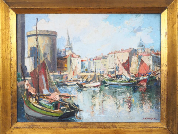 Charles FROLICH. "Vue du port de la Rochelle". Huile sur toile, signée