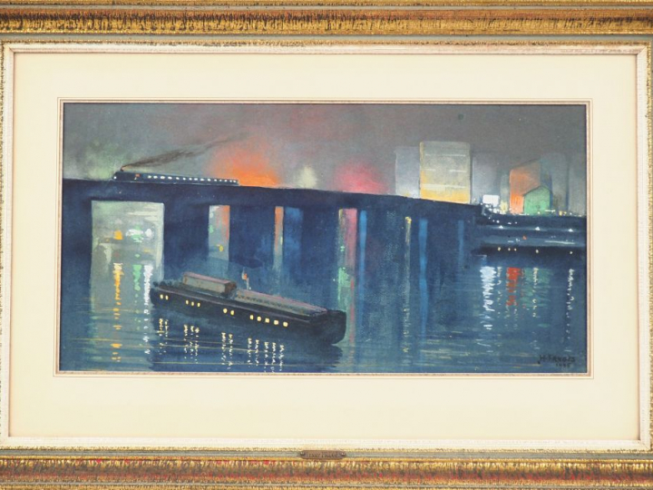Henri FRUGES. "lumières et reflets, paysage futuriste". Aquarelle, sig