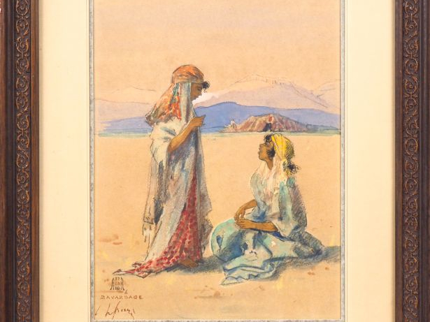 Henri FRUGES. "bavardage". Aquarelle, signée et titrée en bas à gauche