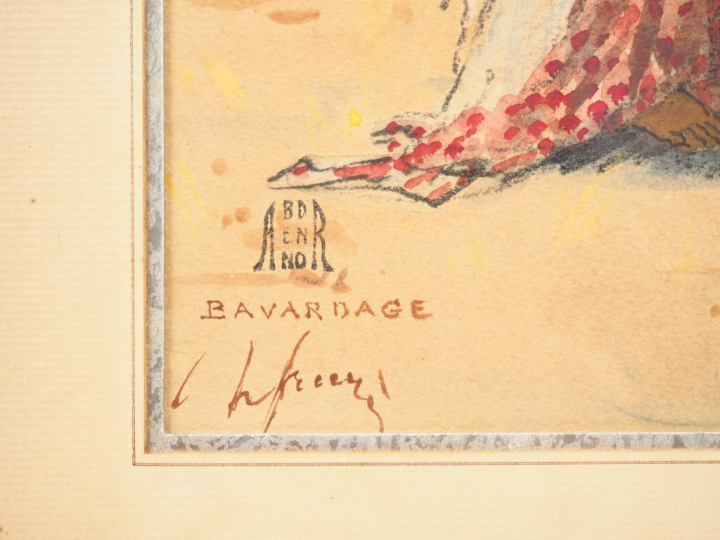 Henri FRUGES. "bavardage". Aquarelle, signée et titrée en bas à gauche