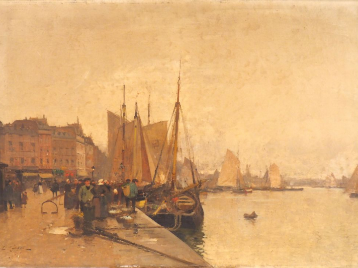 E. GALIANI. (Eugène GALIEN-LALOUE). "Le port animé". Huile sur toile, 