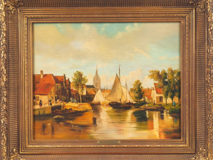 Charles LEICKERT. "Paysage en Hollande". Huile sur panneau, signée et 