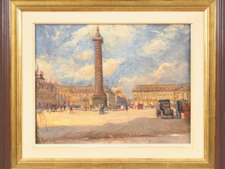 Vente aux enchères MASSON. "Paris, place Vendôme". Huile sur panneau, signée en bas à gau