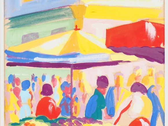 Serge MENDJISKY. "Le Marché". Gouache, signée en bas à droite. Dim. (à