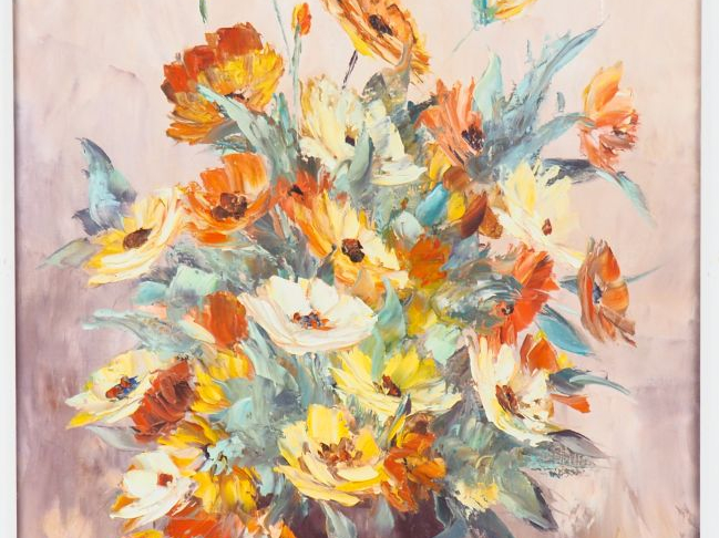 Eliane METZET. "fleurs de soucis". Huile sur toile, signée en bas à dr