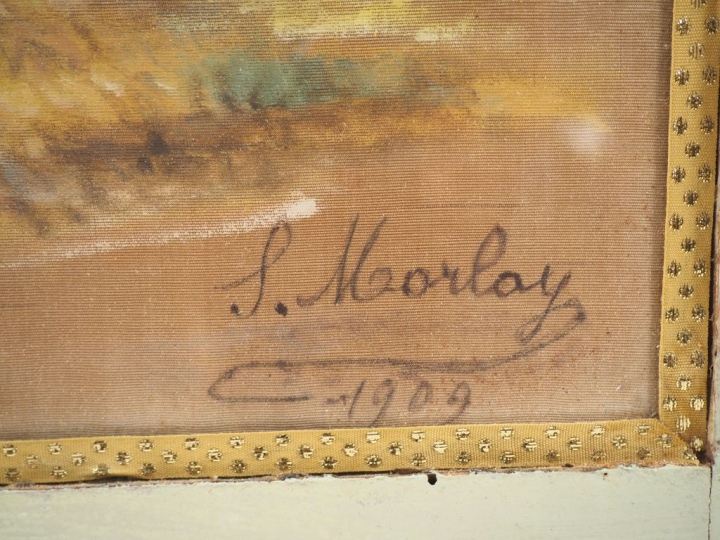 S. MORLAY. "Jeune fille aux oiseaux entourée d'angelots". Aquarelle si