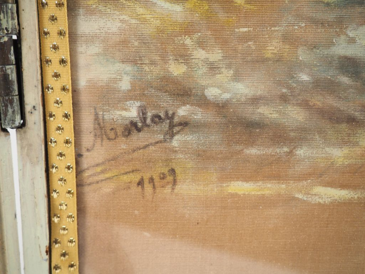 S. MORLAY. "Jeune fille aux oiseaux entourée d'angelots". Aquarelle si