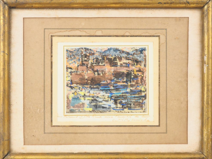 Willy MUCHA.  "port catalan" Aquarelle, signée en bas à droite et dédi
