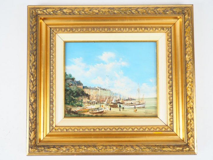 Willy PANNIER. "Promenade le long du port". Huile sur panneau, signée 