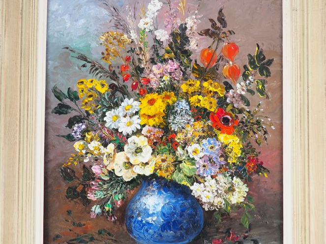 Jacques PETIT. "Bouquet de fleurs dans un vase". Huile sur toile, sign