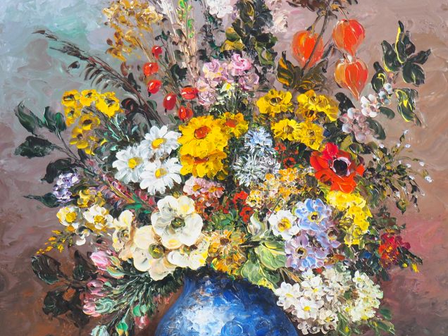 Jacques PETIT. "Bouquet de fleurs dans un vase". Huile sur toile, sign