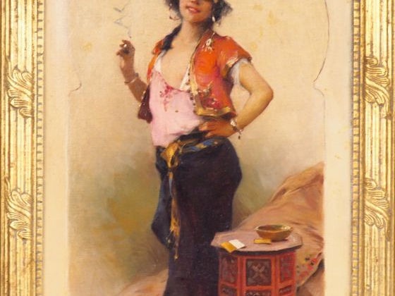 Emile Auguste PINCHART. "Jeune orientale à la cigarette". Huile sur to