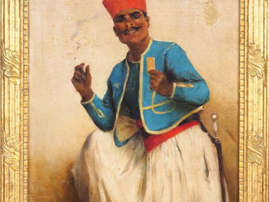 Emile Auguste PINCHART. "Portrait d'oriental à la cigarette". Huile su