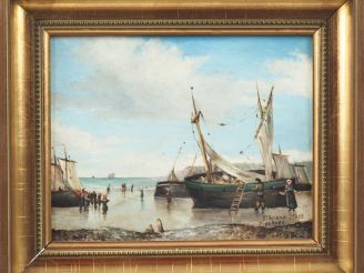 Vente aux enchères F. de ROSE. "Saint Brieuc". Huile sur carton, signée en bas à droite e
