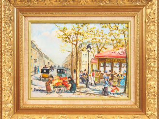 Vente aux enchères Georges SEDRAC. "Place animée à Paris". Huile sur toile, signée en bas