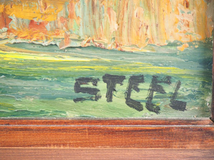 STEEL. "Chaumière derrière l'église". Huile sur panneau, signée en bas