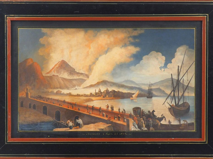 Ecole Napolitaine XIXème. "Eruzione a Napoli del 1834". Aquarelle goua