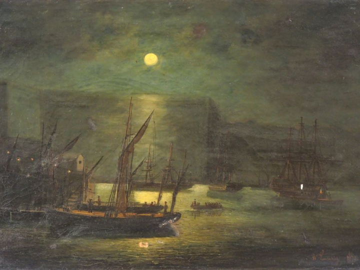 Ecole du Nord XIXème. "Marine nocturne". Huile sur toile, signée en ba