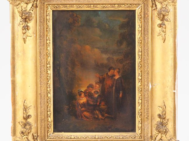 	Ecole française d’après Watteau. "Conversation" Huile sur panneau  Di