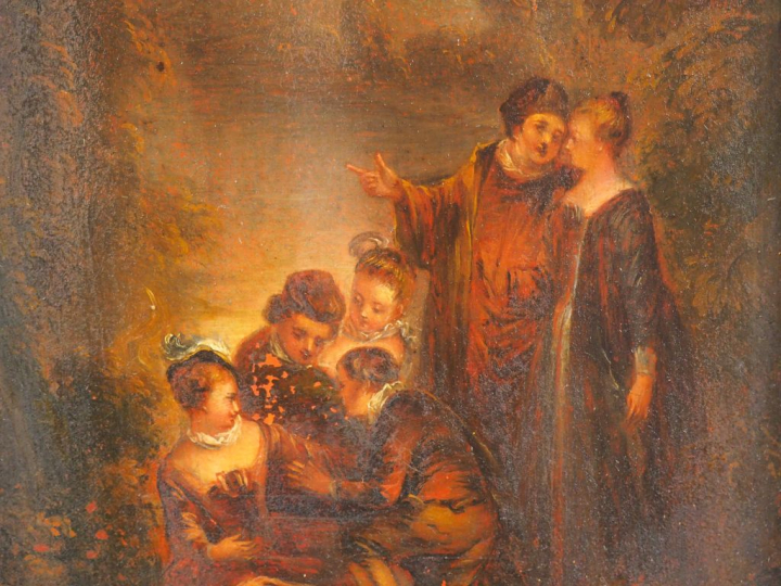 	Ecole française d’après Watteau. "Conversation" Huile sur panneau  Di